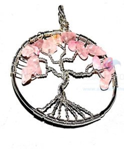 Rose Quartz Flower Shaped Tree of Life Metal Pendant