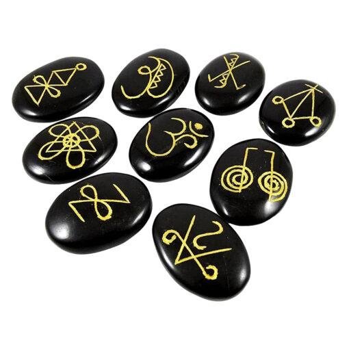 Black Agate Oval Karuna Reiki Engraved Set